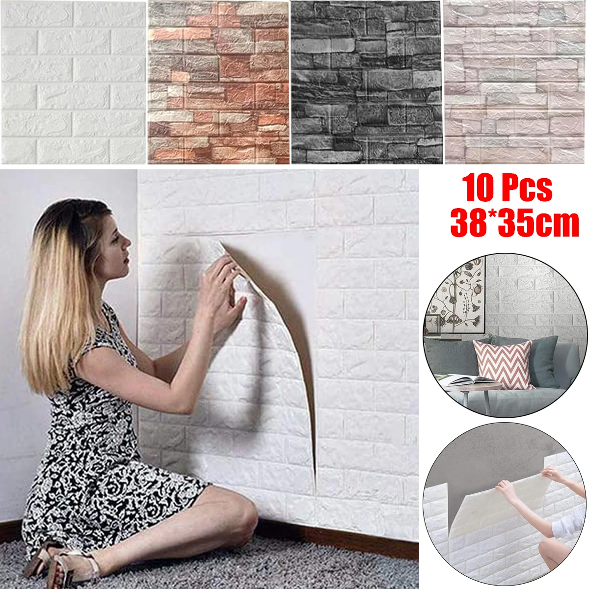 10 Pcs Self Adhesive Panels Foam Wall Wallpaper Peel and Stick Stone Wallpaper for Living Room Kids Bedroom Decoration 38*35cm