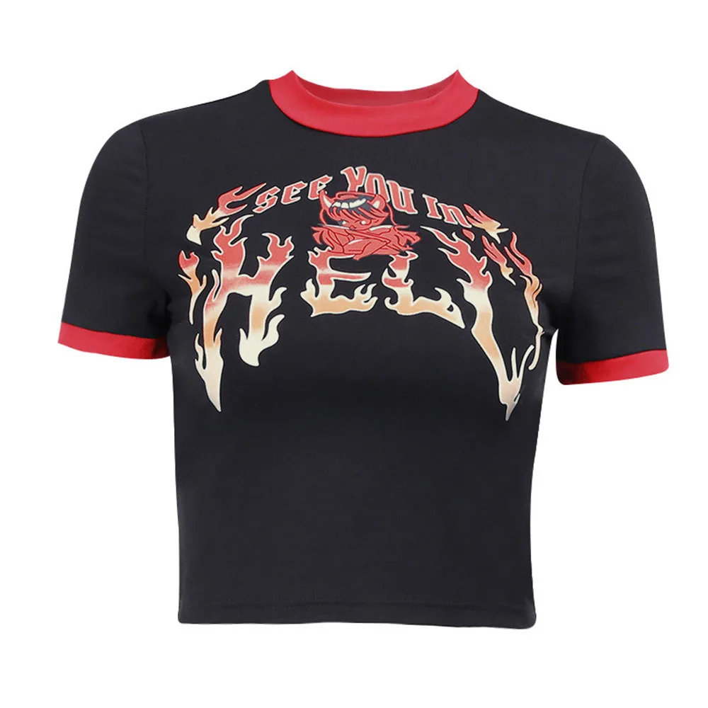 

2021 Summer New Punk Color Contrast Splicing Summer Women's Printing High Street Fashion Hipster Round Neck T-Shirt