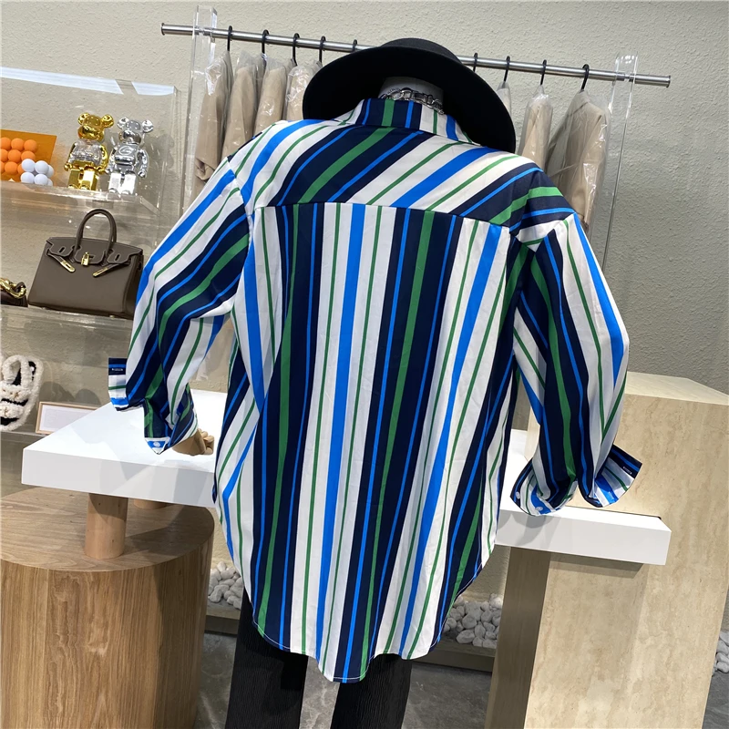 

Fashion Striped Contrast Color Women Blouse Single Breasted Long Sleeve Shirt Female Front Short Back Length Loose Pockets Shirt