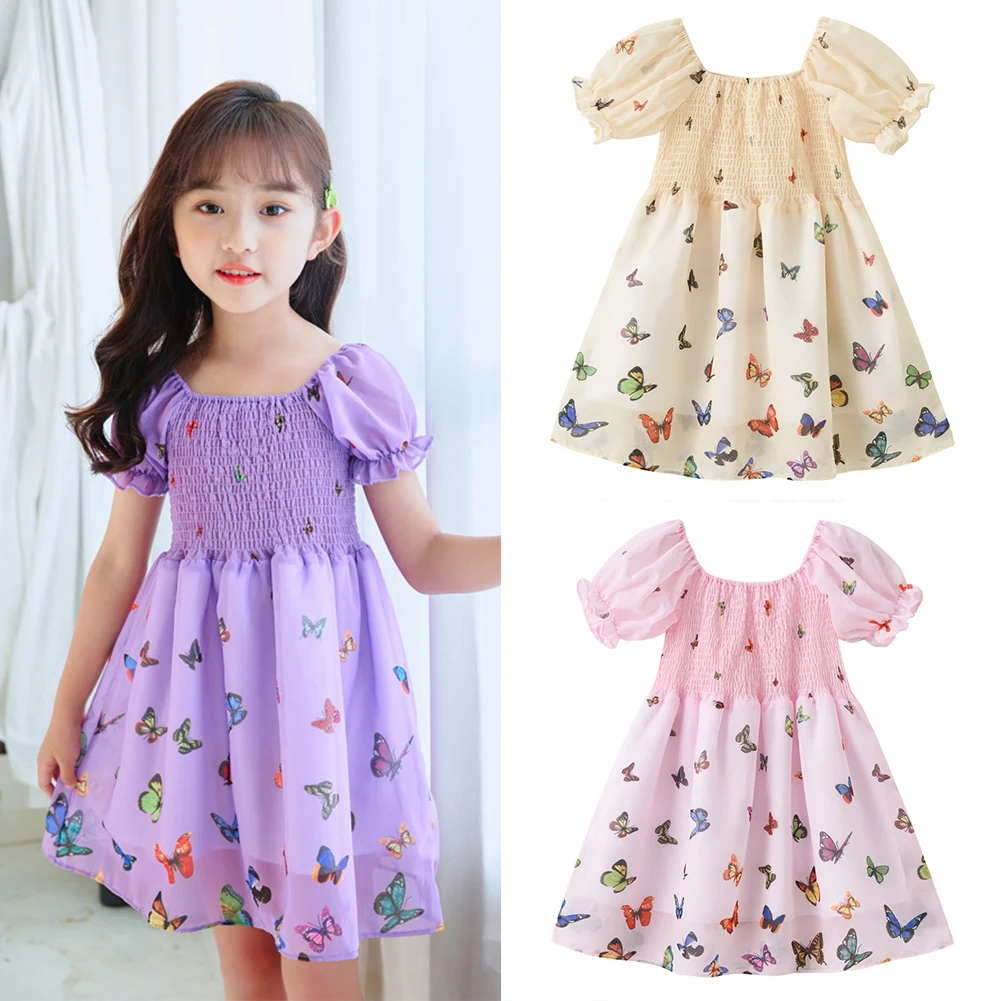 

2021 Easter Butterfly Girl Dresses Smocking Pink Purple Cake Dress Princess Dresses for Party Wedding Kids Clothes Tulle Dress