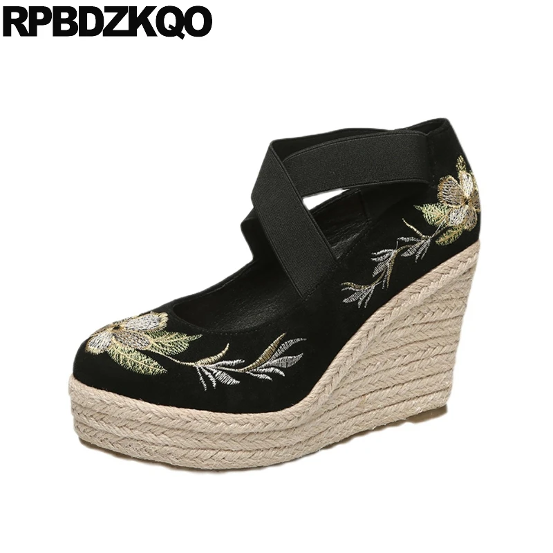 

Pumps Handmade Platform Wedge Extreme Suede Embroidered Casual Shoes Women Flower Espadrilles Cross Strap Mary Jane High Heels