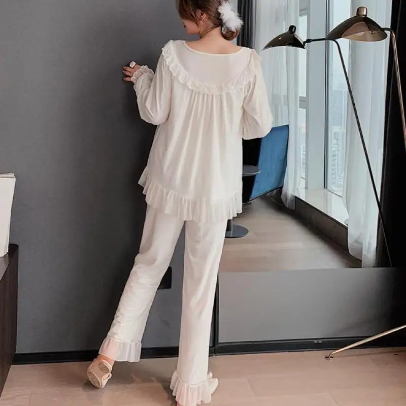 

Lovely Modal Pajamas Suit Female O-Neck Sleepwear Spring Summer Lace Pyjamas Long Sleeve Nightwear Casual Loose Home Clothing