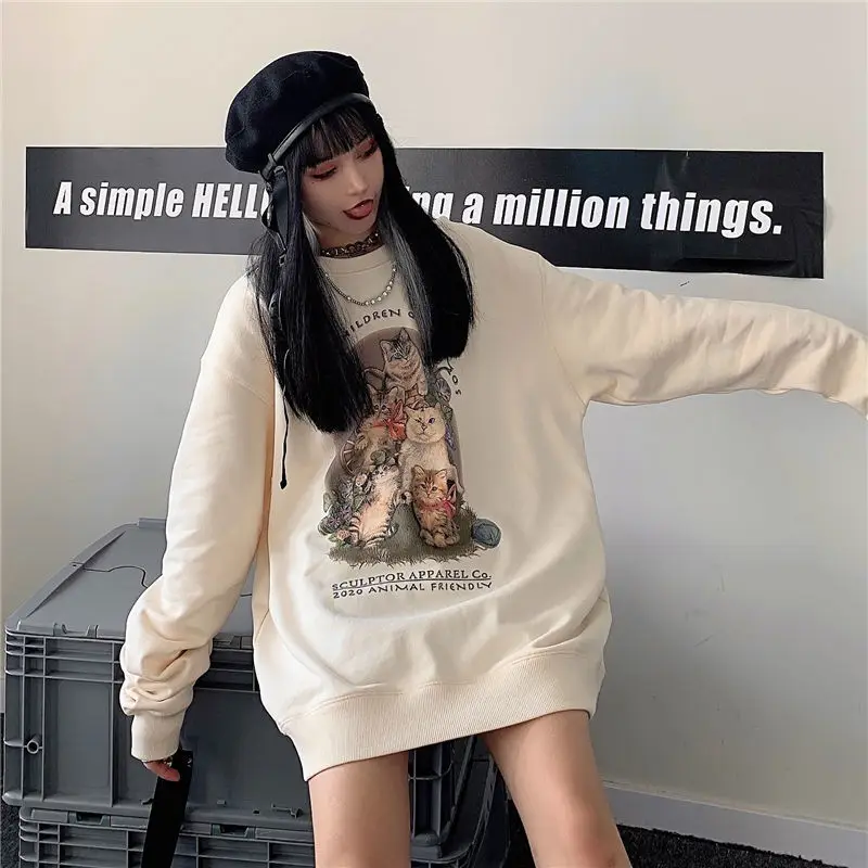 

Brand Fashion Funny Cats Print Sweatshirt Women Hip Hop Kawaii Teens Clothes Oversized Streetwear 2021 Autumn Winter New Korean