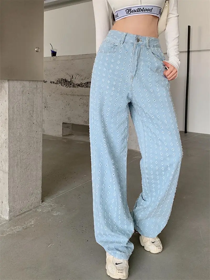 

Casual jeans High-waisted straight-leg washed frayed denim trousers all-match Korean fashion women's clothing