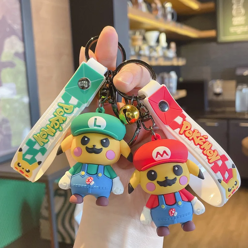 

Bandai Anime Pokemon Figures Pikachu Plumber Beard Silicone Cute Doll Metal Keychain Bag Pendant Children Toys Birthday Gifts