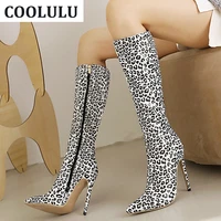 coolulu leopard knee high boots thin high heel boots for women pointed toe animal print knee length boots sexy winter boots