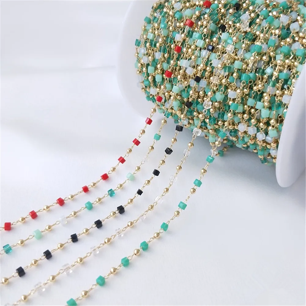 

14K Gold Filled Handmade chain Crystal square beads colored zircon chain DIY bracelet necklace accessories loose chain material