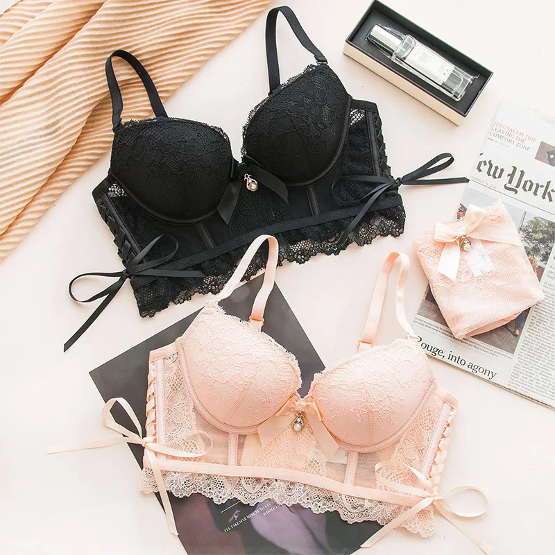 

Roseheart New For Women Sexy Lingerie Lace Straps Bralette Cotton Panties Push Up Underwire Bra Sets Underwear Big Size