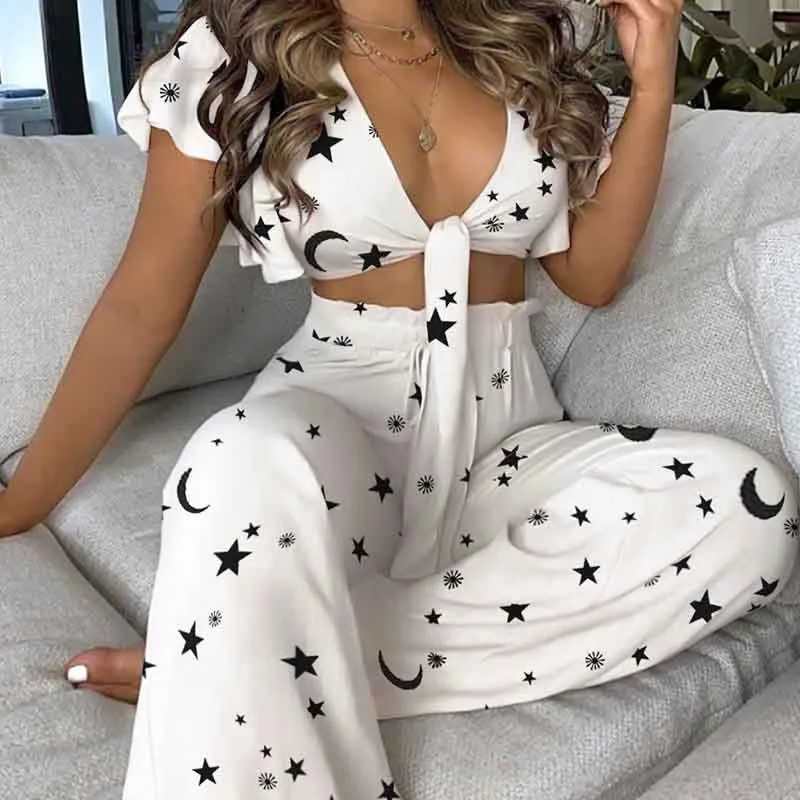 

2 Piece Floral Print Set Women Off Shoulder Sleeveless Knotted Crop Top And Wide Legs Pants Tracksuit Summer Beachwear Outfits