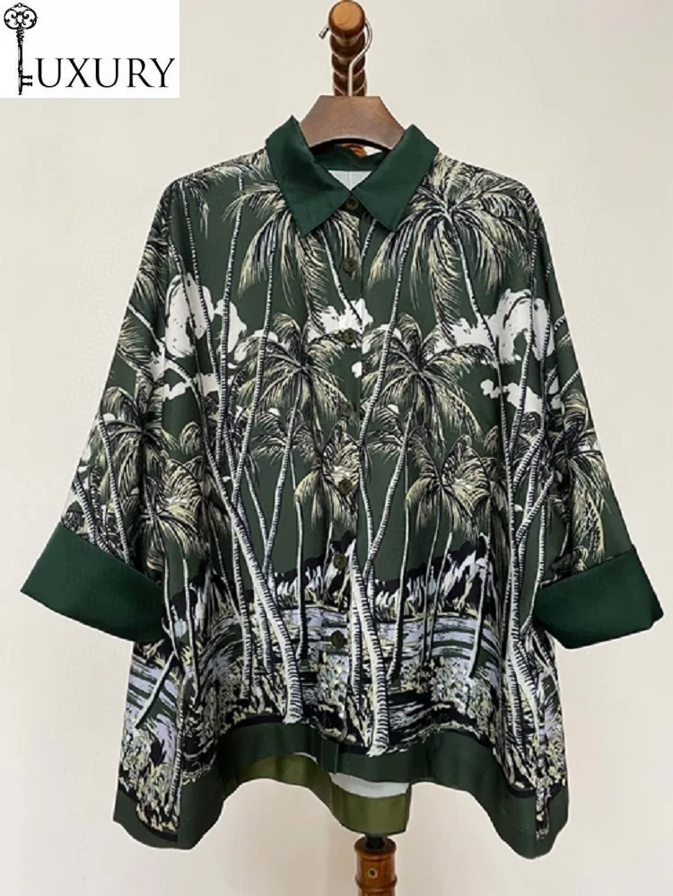 2020 Plus Size Shirt Spring Summer Blouses Women Turn-down Collar Tropical Prints Tunic Buttons Casual Dark Blue Green Tops