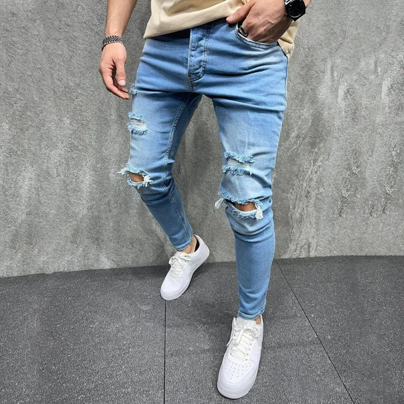 Mens Skinny Ripped Jeans Slim Patchwork Blue Denim Pants Pencil Pants Street Hip-hop Denim Trousers Fashion Boyfriend Jeans