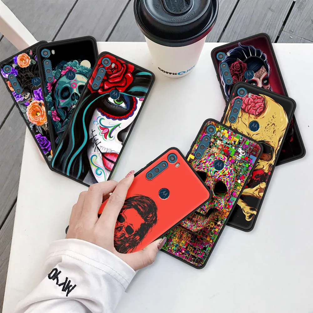 

Case for Motorola Moto G9 Play G8 Power Lite One Fusion Plus Hyper G30 G10 Soft G Stylus Phone Coque Fundas Style Flower Skull