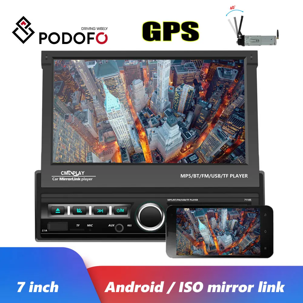 Podofo 1 Din 7 ''автомагнитолы gps Авторадио Android Зеркало Ссылка автомобильный мультимедийный плеер сенсорный экран Bluetooth USB FM AUX Стерео