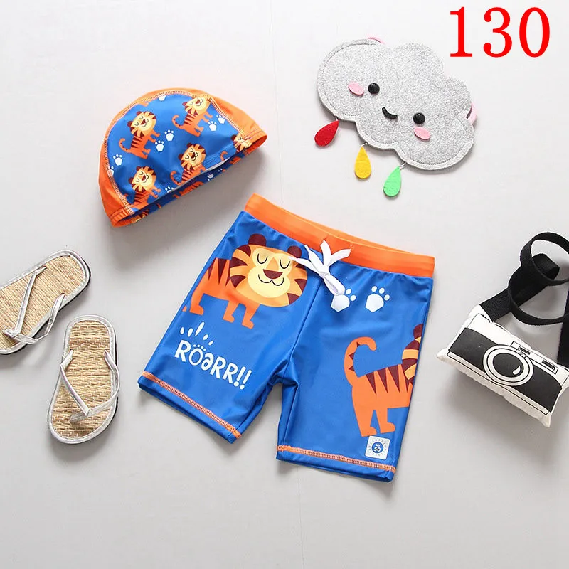 SIZE 130 Пляжные шорты для мальчиков с шапочкой, купальный костюм с динозавром из мультфильма Трусики для плавания детские плавки детская одежда для купания для маленьких мальчиков - Цвет: SIZE 130