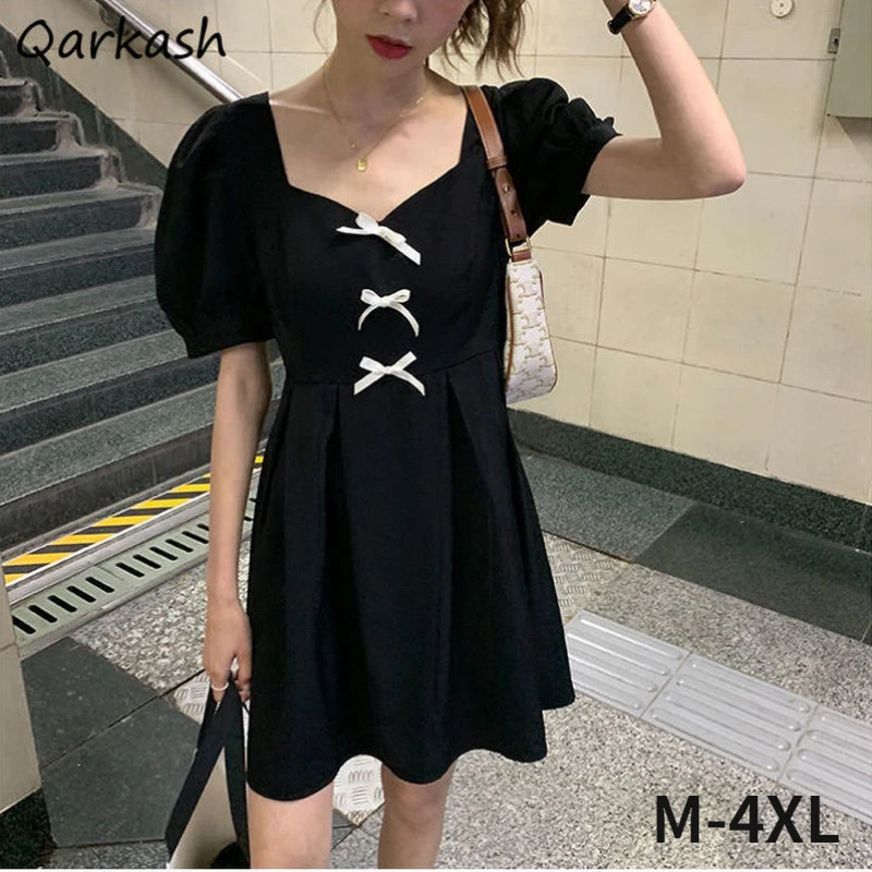

Puff Sleeve Dress Women Mini Bow Korean Style Kawaii Summer Design Sweet Girls Large Size M-4XL Empire Fashion Retro Vestidos