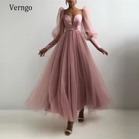 verngo 2021 dusty pinkwhite tulle a line prom dresses puff long sleeves buttons sweetheart ankle length formal party gowns