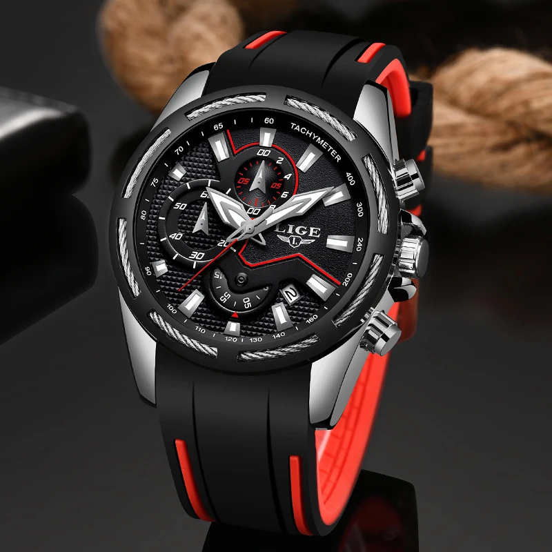 Часы наручные LIGE мужские с силиконовым ремешком брендовые роскошные