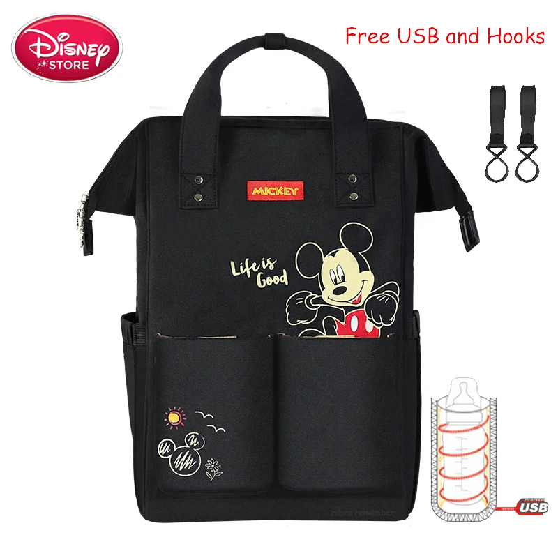 black Сумка для подгузников disney, usb-утеплитель, рюкзак для мамы и ребенка, сумка для ухода за ребенком, дорожная коляска, сумка для подгузников - Цвет: black