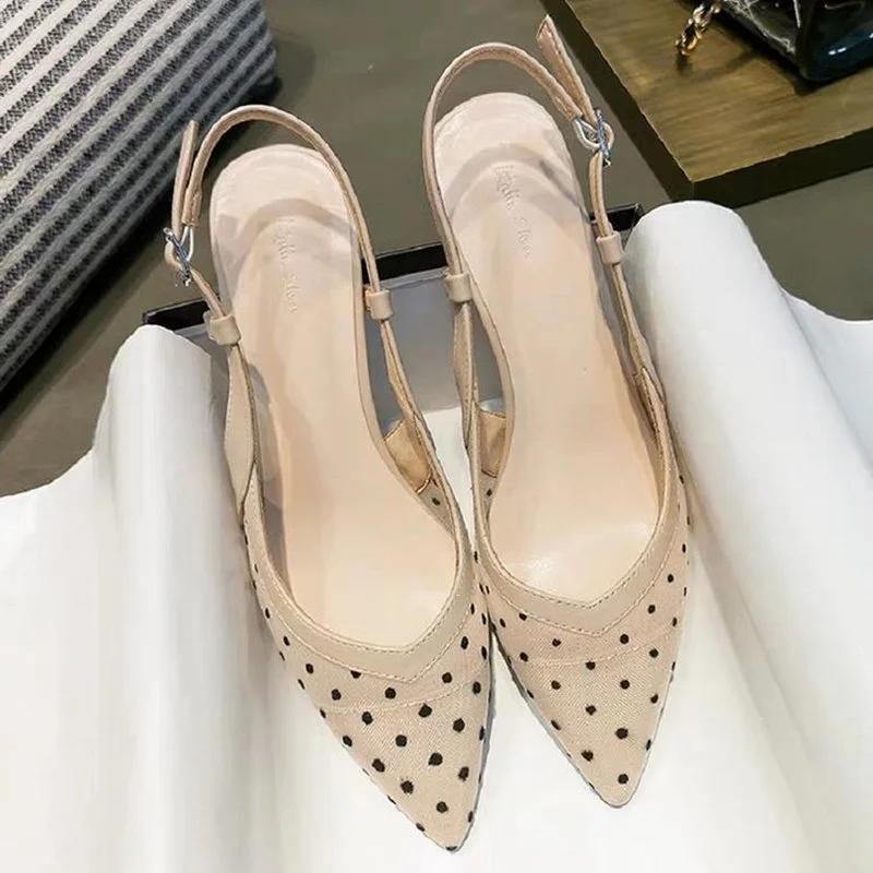

2021 summer breathable pointed toe low heel sandals classic mesh polka dot office women's shoes sexy back strap shoes banquet
