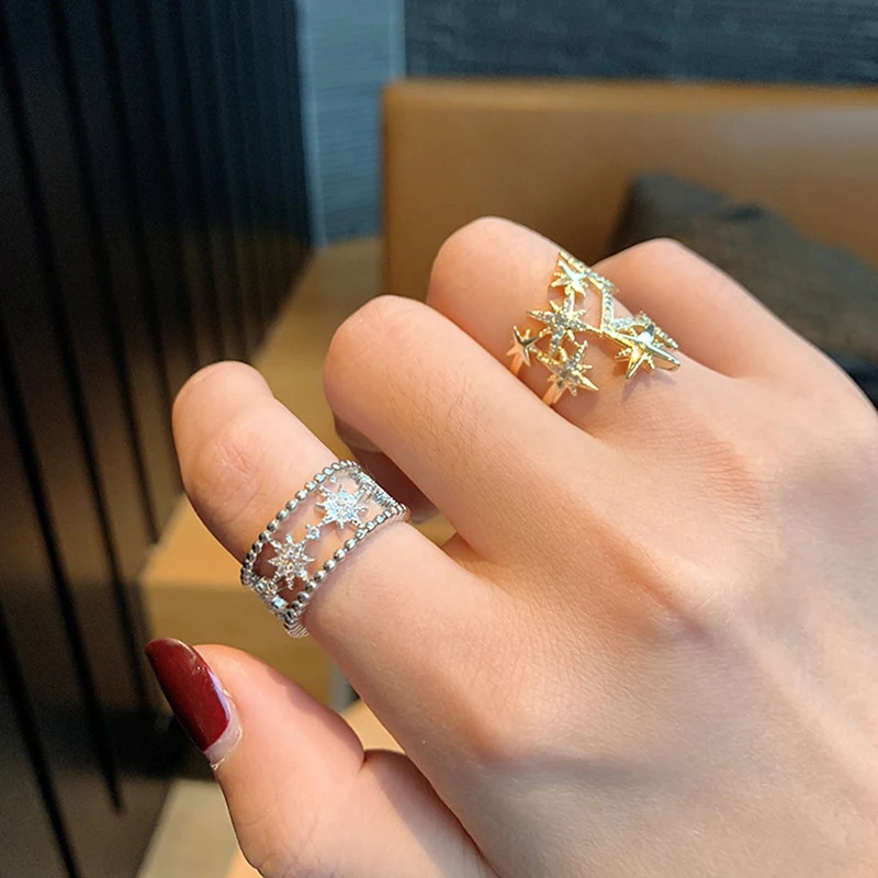Трендовые кольца с кубическим цирконием три цвета Звездные Кольца двухслойные