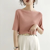 summer solid color short sleeve knitted t shirt womens knitwear slim tees for women casual tops