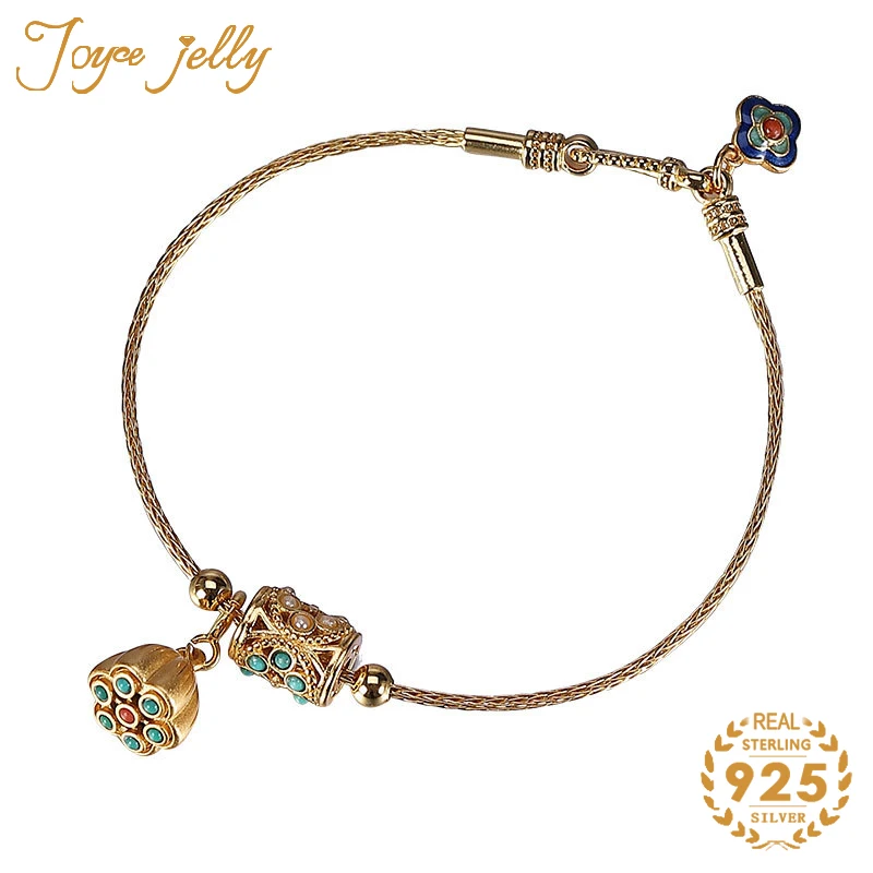 

JoyceJelly 925 стерлингового серебра браслет для женщин, ювелирное изделие, бирюзовый леди ретро суд Стиль браслет с цветком лотоса Новое поступл...