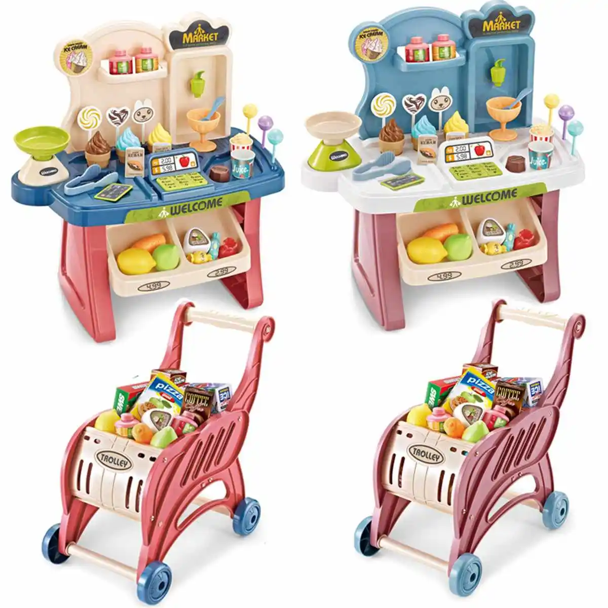 

Children's Simulation Shopping Cart Trolley Toy Cutting Fruits and Vegetables Supermarket Shopping Plastic Play House Toy Set