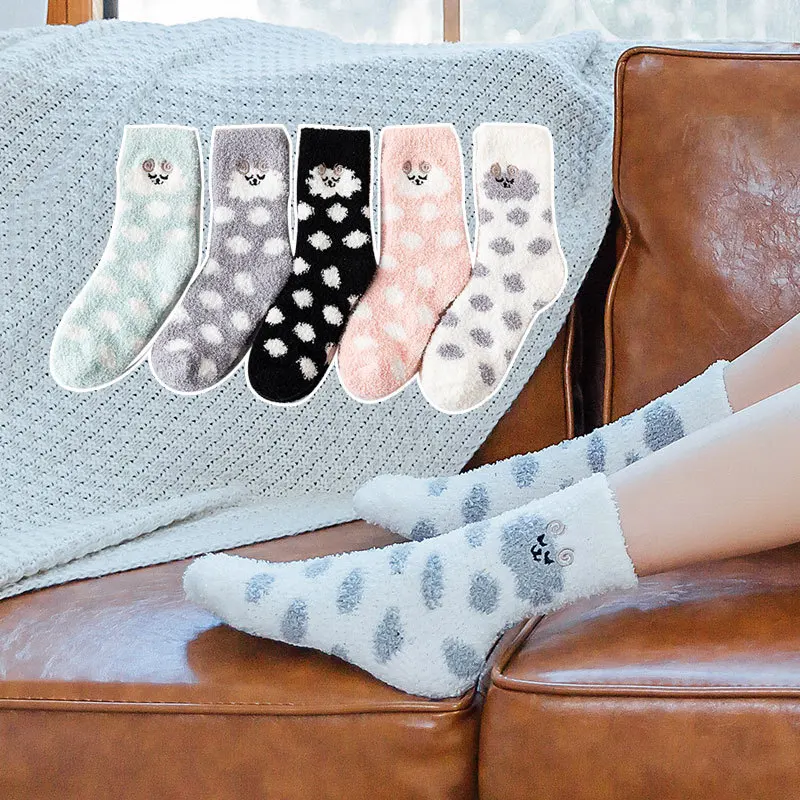 

Women Girls Warm Sleeping Socks Cartoon Animals Floor Socks Plush Middle Tube Sock Polka Dot Warm Coral Fleece Hosiery Hot