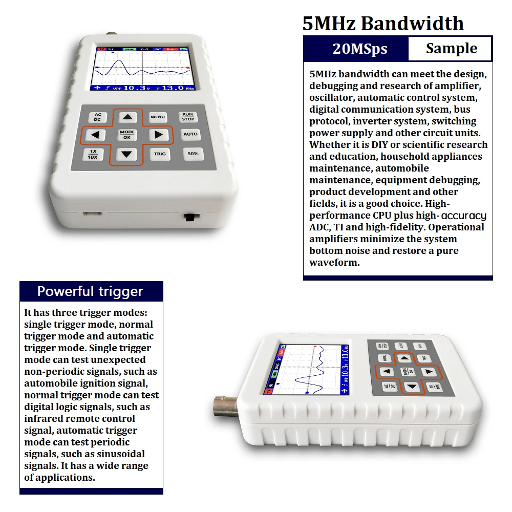 

DSO PRO 2.4" Color Display Screen Handheld Portable Digital Mini Oscilloscope with 5MHz Bandwidth and 20M Sampling Rate