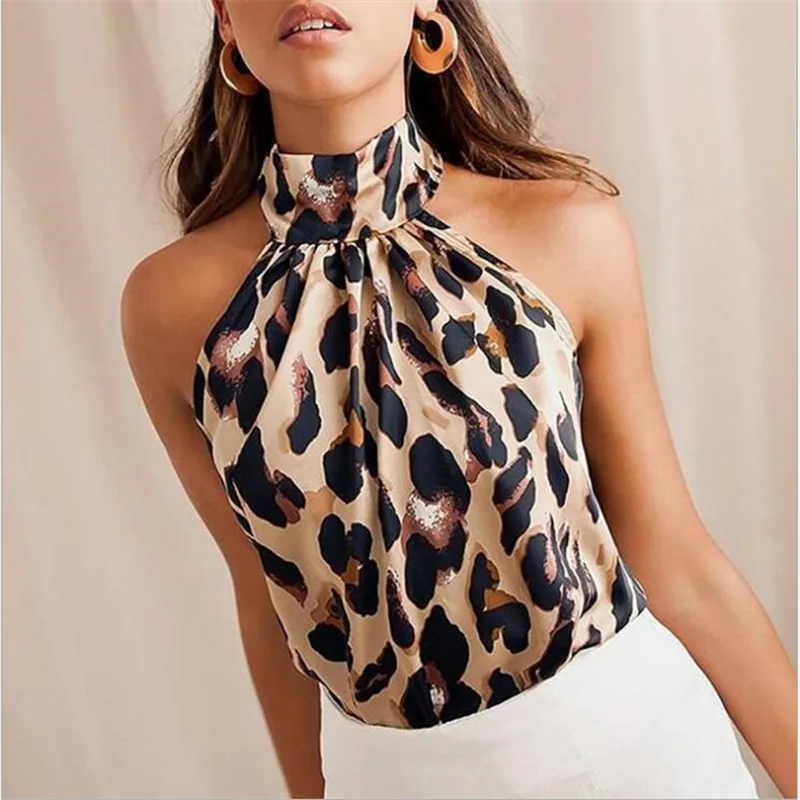 

Sexy Off Shoulder Leopard Blouse Chiffon Women Tops Summer 2021 Animal Print Casual Backless Sleeveless Shirts