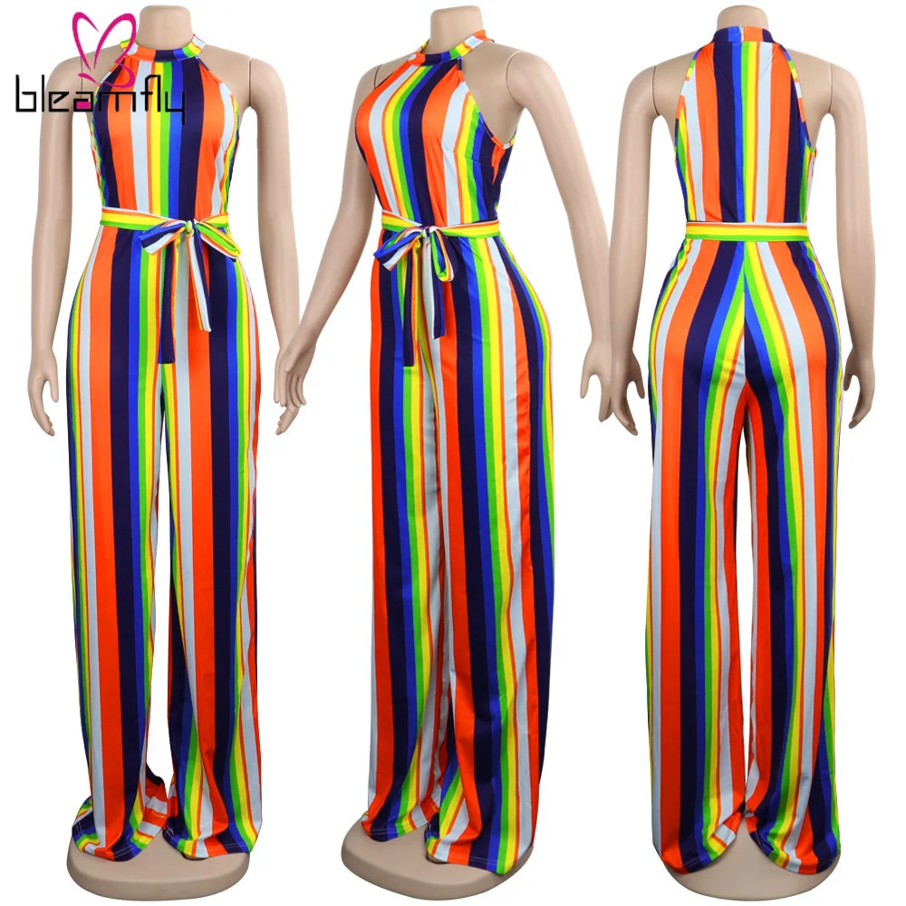 Женский Летний комбинезон в радужную полоску на шнуровке с бретелькой через шею