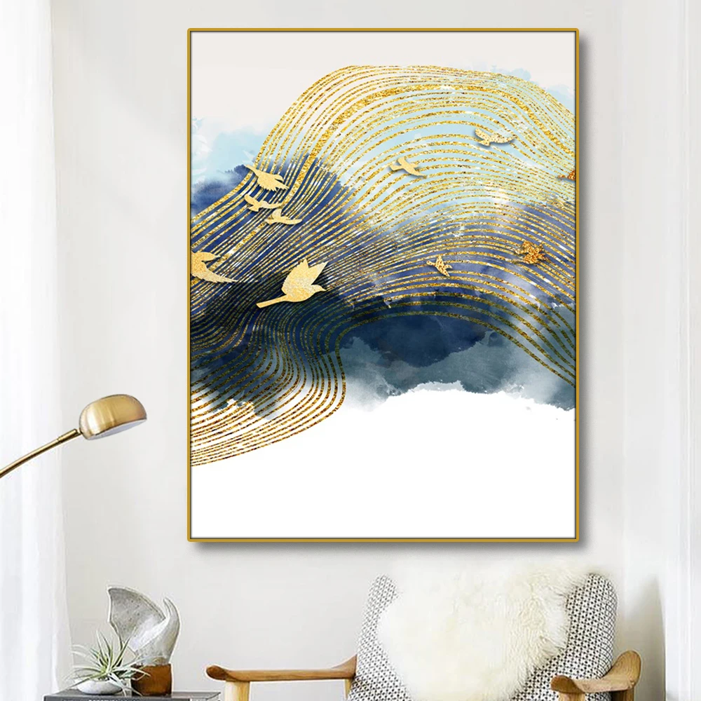 Золотистая Синяя абстрактная Настенная картина фотокартина для гостиной