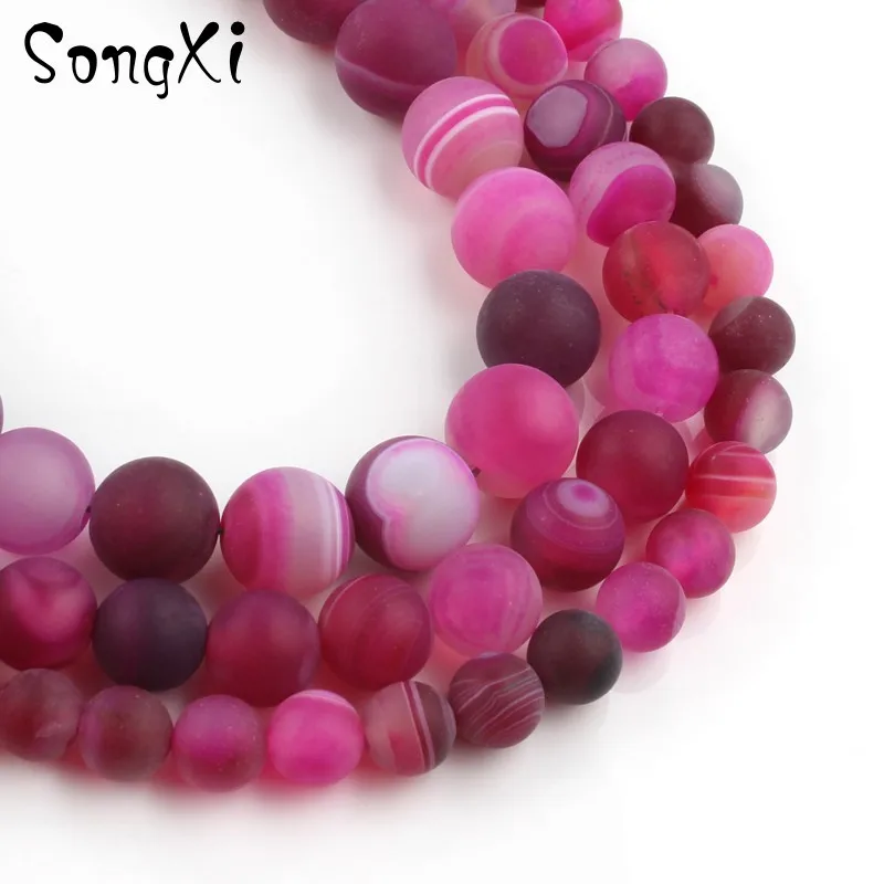 Natural Fuchsia Dull Polish Matte Stripe Agates Stone Round Beads for Jewelry Making Diy Bracelet Necklace 4 6 8 10 12mm 15 Inch | Украшения