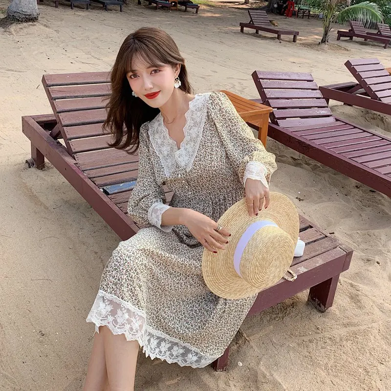 FINEWORDS японское милое кружевное платье с воротником и цветочным принтом летние