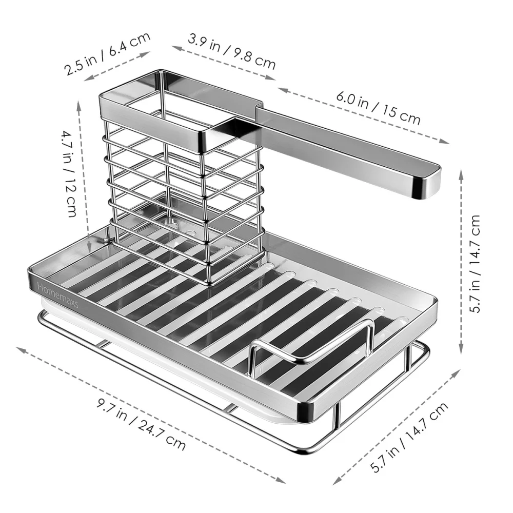 

HOMEMAXS Kitchen Sink Organizer Stainless Steel Dish Kitchen Utensils Holder Sponge Brush Rack with Drain Pan for Home Kitchen