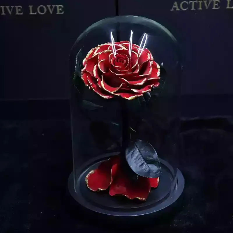 Red with gold 11 цветов, Красавица и чудовище, красная Праздничная Роза в стеклянном куполе, свежие цветы на День святого Валентина, подарок на Рождество - Цвет: Red with gold