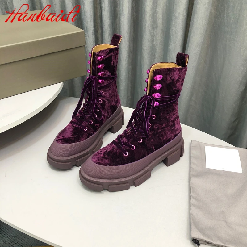 

Flock Ankle Boots Autumn Women Platform Patchwork Lace Up Gesigner Shoes Round Toe Tooling Genuine Leather Short maartin Boots