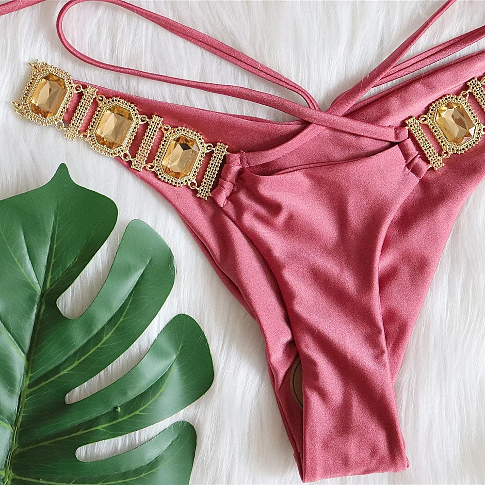 

2021 New Bikini Sexy Crystal Diamond Bandage Solid Color Split European and American Women's Swimsuit