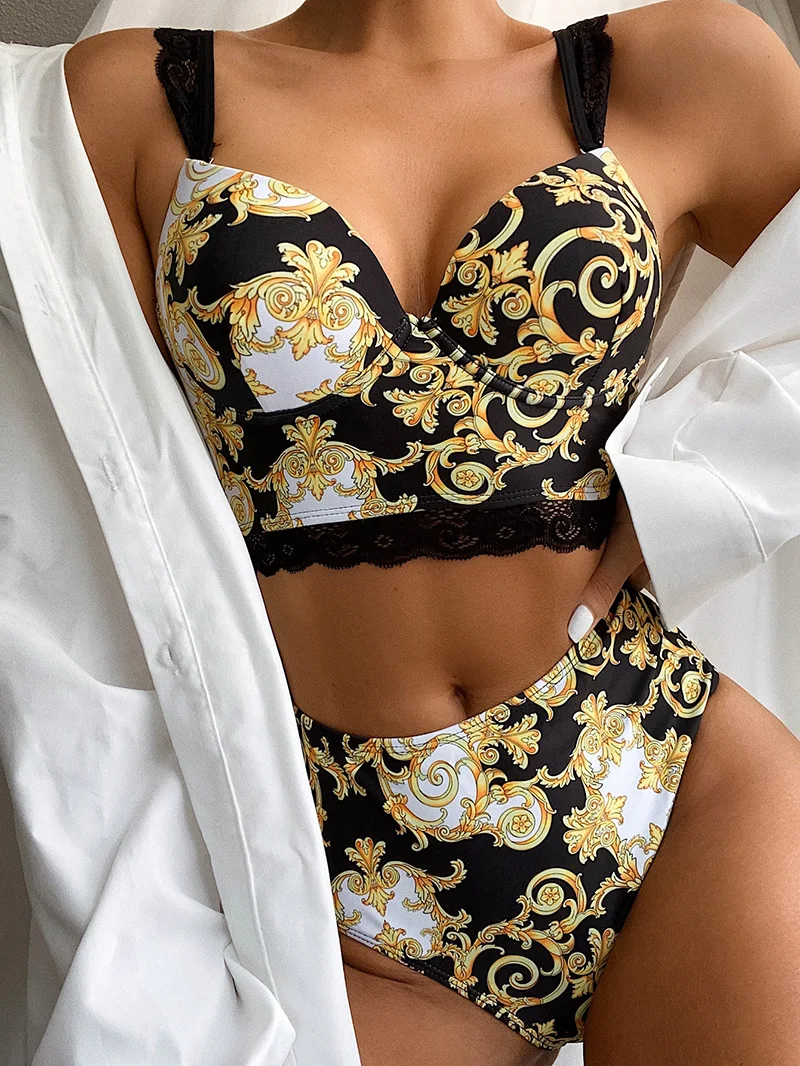 

High waist paisley print bikini 2022 Push up swimwear women Underwire swimsuit female Sexy lace bikinis Straps bathing suit New