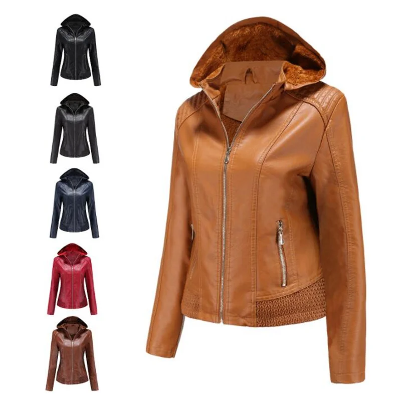 New Women's leather jacket plus velvet warm coat black brown fashion detachable hooded autumn winter куртка женская весна zipper