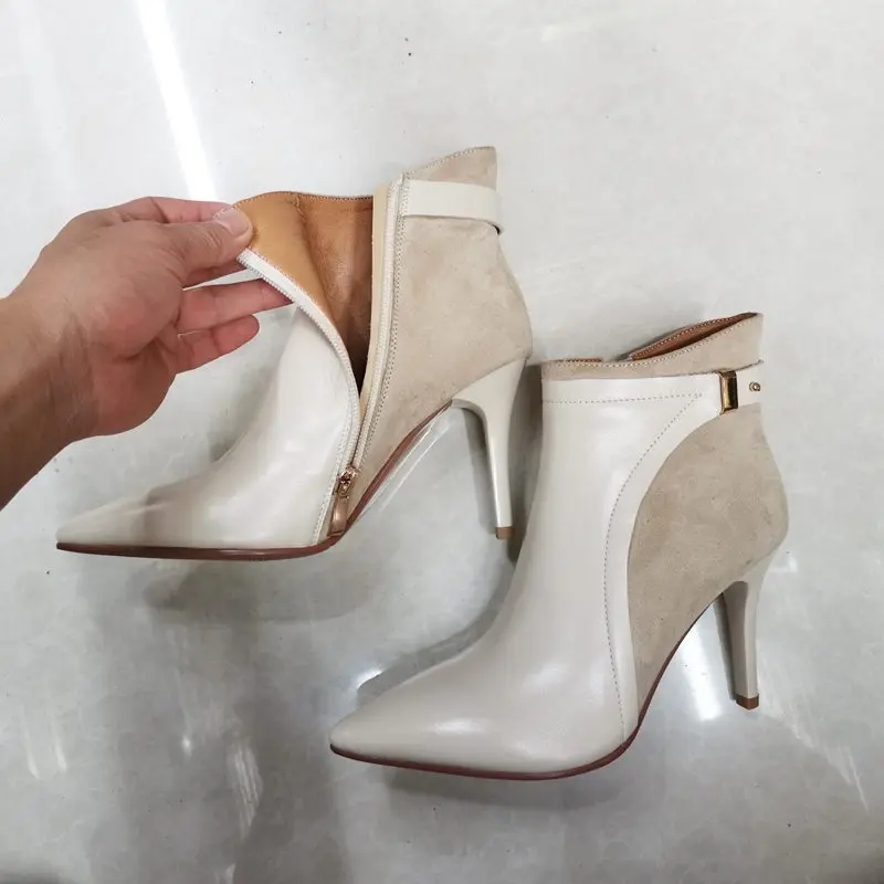 leather insole beige EGONERY/ботинки из коровьей кожи; коллекция года; модные вечерние пикантные ботильоны из флока; цвет черный, бежевый; зимняя обувь на высоком каблуке 8,5 см с металлическим украшением - Цвет: leather insole beige
