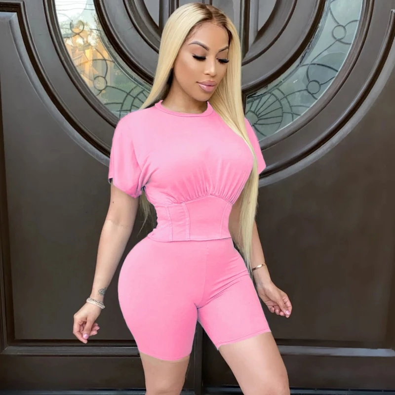 

Women's Sets 2020 Women Summer Two Pieces Sets Tracksuits Short Sleeve Solid T-shirt Shorts Suit Night Fitness Sporty Outfits