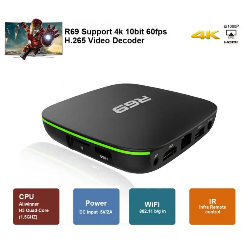 

Приставка Смарт-ТВ R69, 2 + 16 ГБ, 4K, 2,4 ГГц, Wi-Fi