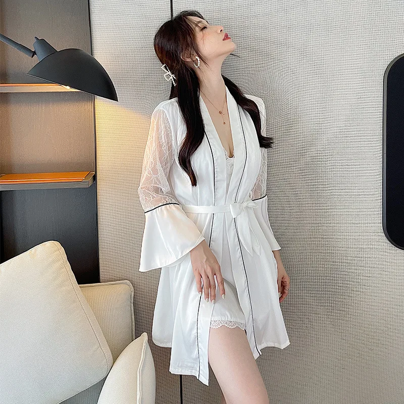 

Sexy Sleepwear Summer Kimono Robe Gown Women Twinset Bathrobe Set With Strap Nightgown V-Neck Home Clothes Intimate Lingerie