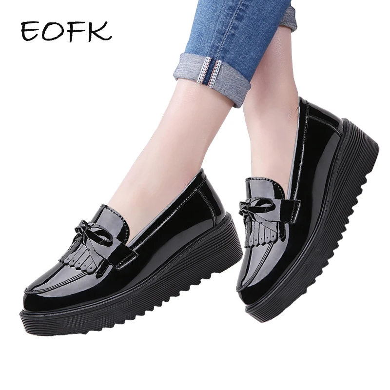 Женские лоферы на плоской подошве EOFK весенне осенние милые черные туфли из
