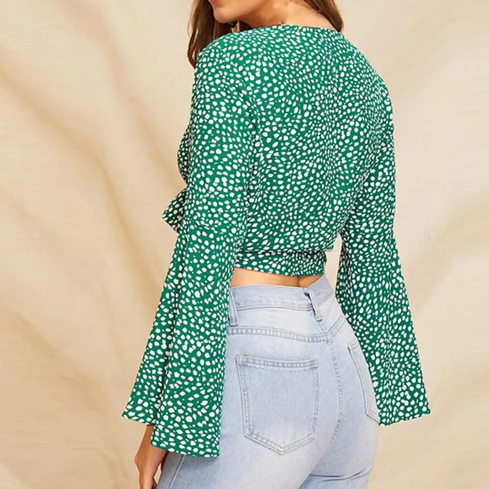 

Women Summer Long Flare Sleeve Dots Print Open Front Chest Knot T-shirt Blouse