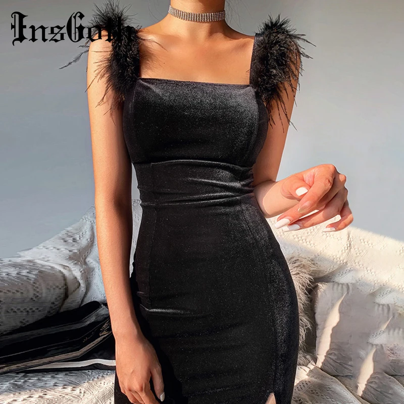 InsGoth Elegant Vintage Black Mid Dress Women Sexy Sleeveless Backless Bodycon Streetwear Party Female | Женская одежда