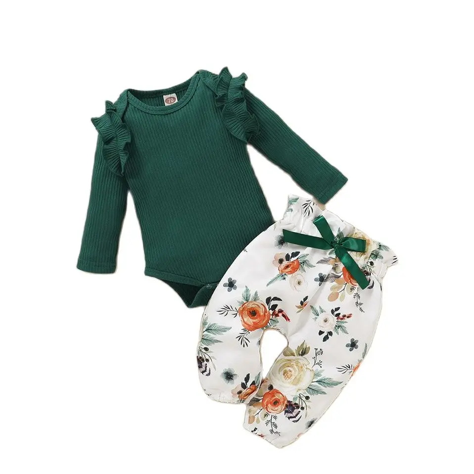 

Newborn Girls Fall Outfits 18 Month Baby Girl Clothes Solid Green Ruffles Long Sleeve Romper Floral Print Pants+Headband Set