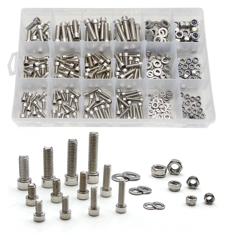 

345PCS M5/M6/M8 Stainless Steel Cylinder Round Head Hexagon Screw Locknut Nut Bolt Washer Hardware Fastener Assortment Kit