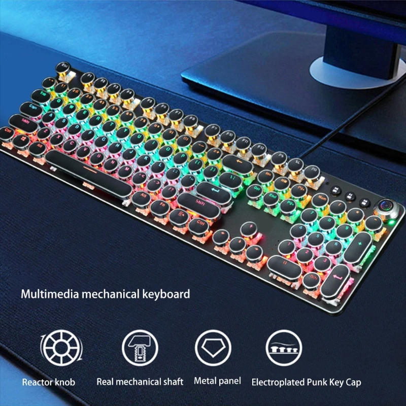 

Mechanical Gaming Keyboard with True RGB Backlit Collapsible Wrist Rest 104-Key Blue Switch Retro Round Keycap